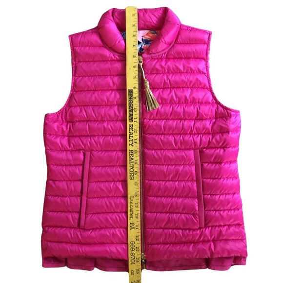 Lilly Pulitzer Cora Down Puffer Vest Womens Size S Pink Ruffle Tassel Zip Pull - Picture 11 of 14